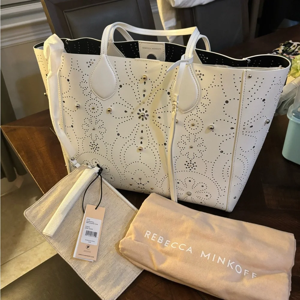 Rebecca Minkoff White Perforated studded Tote Bag NWT